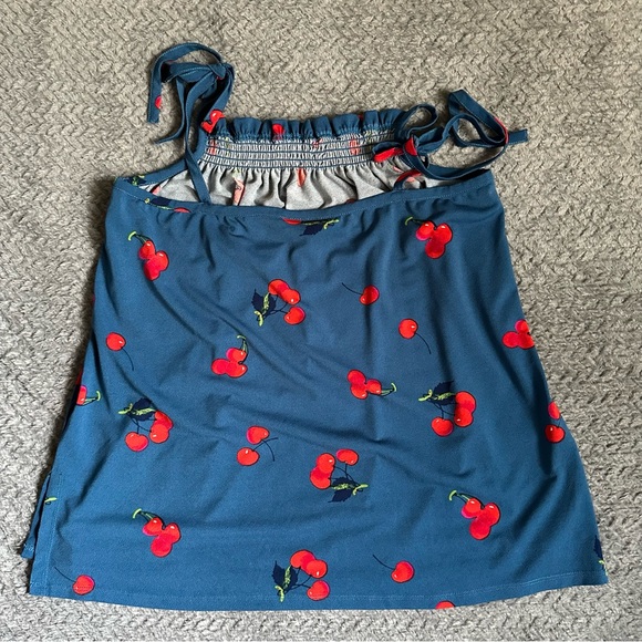 Modcloth Blue Smocked Cherry Print Tank Top with Tie Front Size XL - Picture 9 of 10
